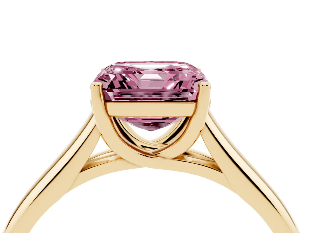 Fancy Pink Asscher Cut Solitaire Engagement Ring with Tapered Band and Four-Prong Setting Yellow gold