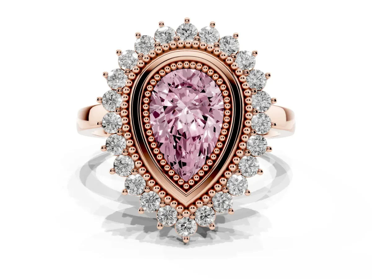 Fancy Pink Pear Cut Halo Diamond Ring with Milgrain Edge and Round Prong Setting Rose gold
