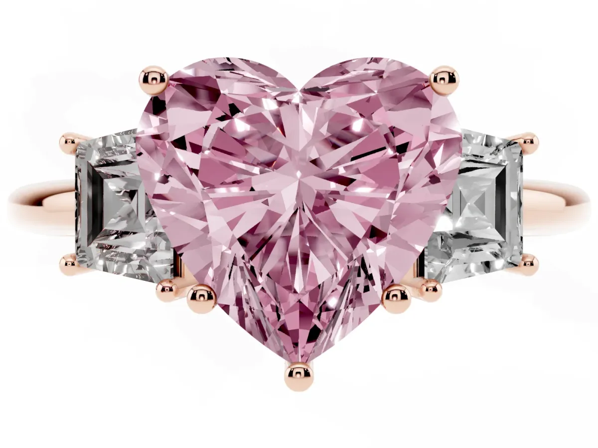 Fancy Pink Heart Cut Diamond Three-Stone Ring with Trapezoid Side Stones and Prong Setting Rose gold
