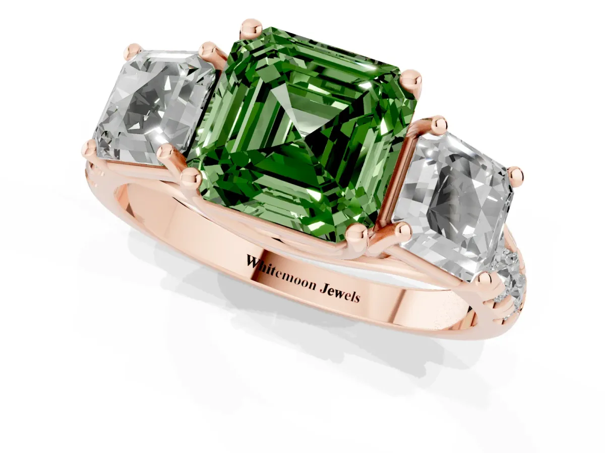Fancy Green Three-Stone Asscher Cut Diamond Pavé Band with Prong Setting Rose gold