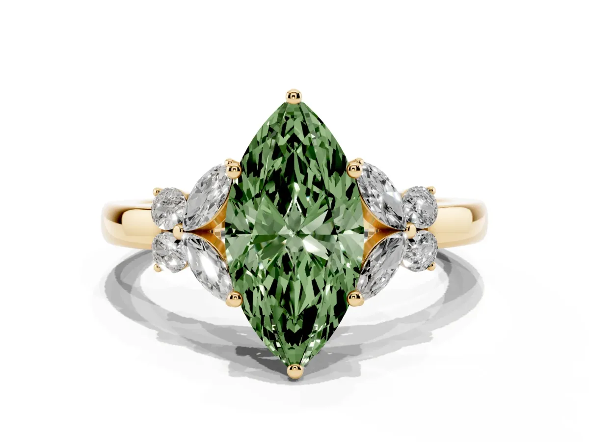 Fancy Green Marquise Cut Cut Solitaire Floral Diamond Ring with Four-Prong Setting Yellow gold