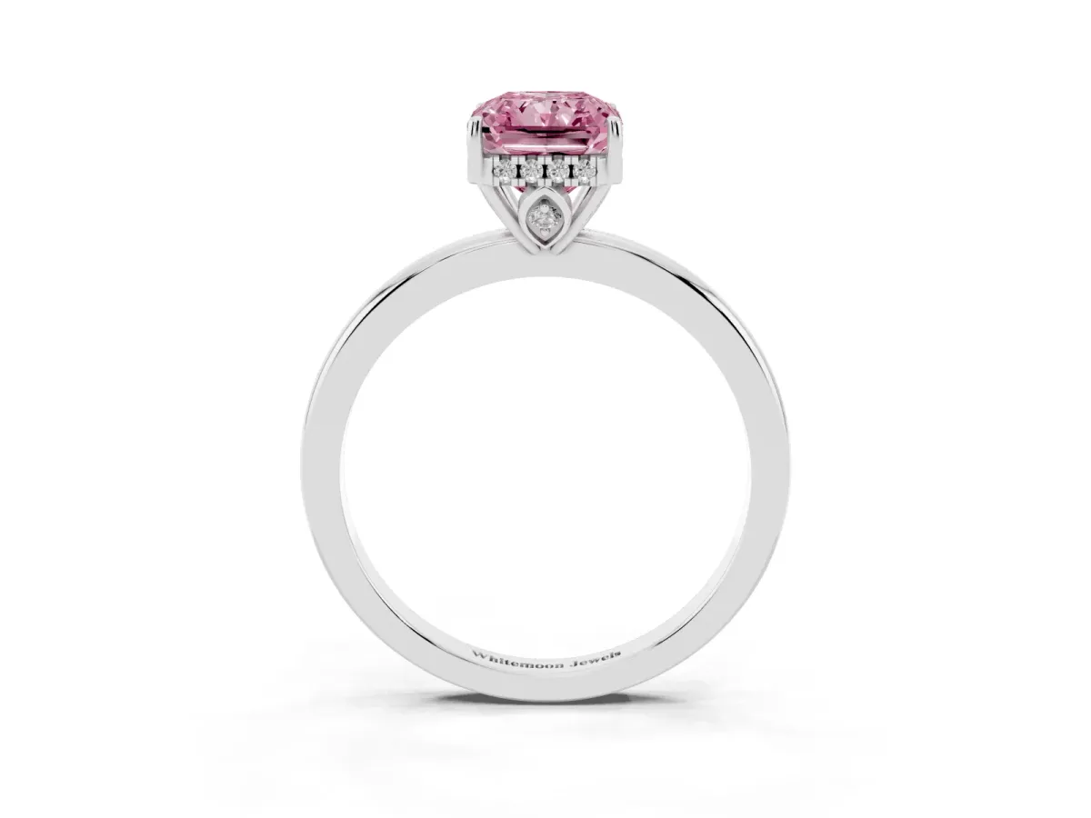 Fancy Pink Radiant Cut Solitaire Diamond Ring with Prong Setting and Plain Band Platinum