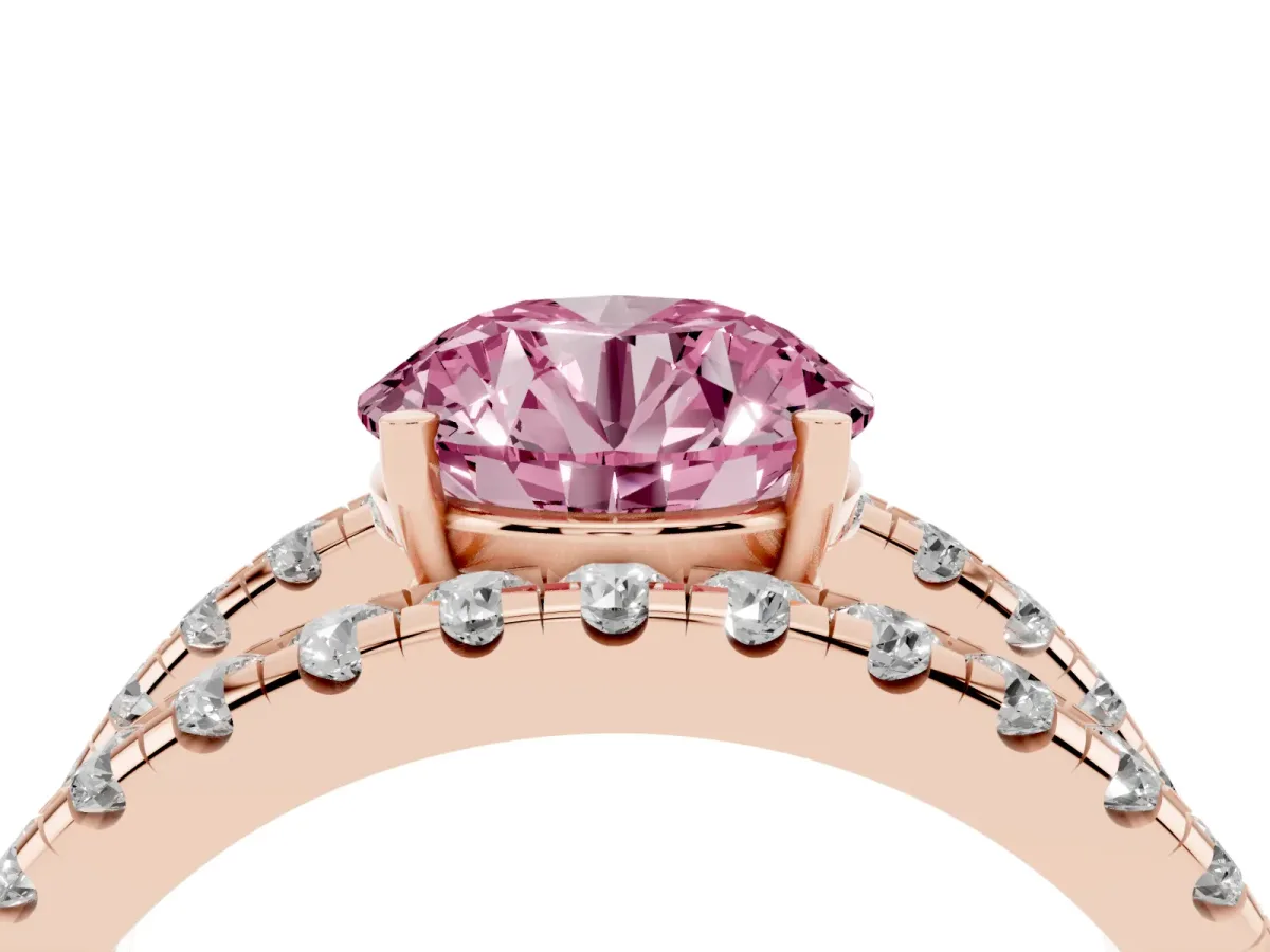 Fancy Pink Round Cut Solitaire Split Shank Pave Diamond Ring Rose gold