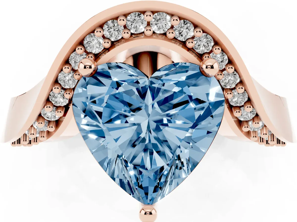 Fancy Blue Heart Cut Solitaire Diamond Engagement Ring with Pave Band and Four-Prong Setting Rose gold