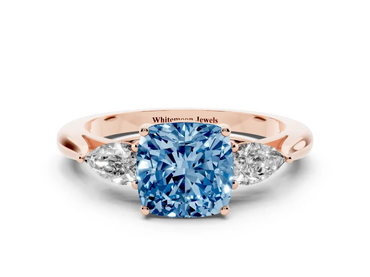 Fancy Blue Cushion Cut Diamond Three-Stone Ring with Pear Side Stones and Prong Setting Rose gold