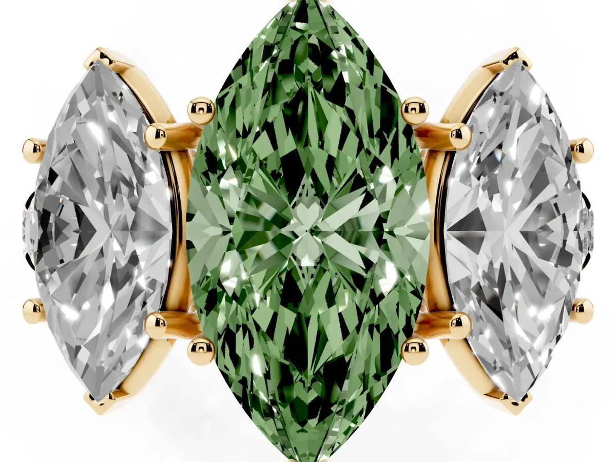 Fancy Green Three-Stone Marquise Cut Diamond Pavé Band with Prong Setting Yellow gold