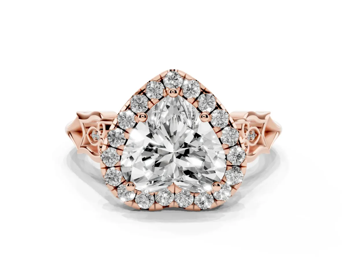 Heart Cut Halo Diamond Engagement Ring with Filigree Band and Four-Prong Setting Rose gold