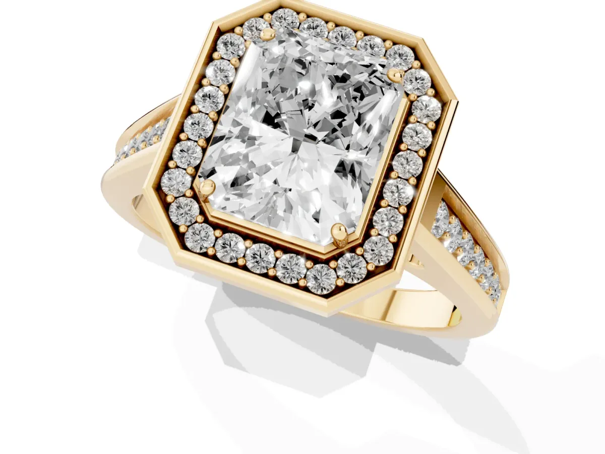 Radiant Cut Halo Solitaire Diamond Ring with Pave Band and Bezel Setting Yellow gold