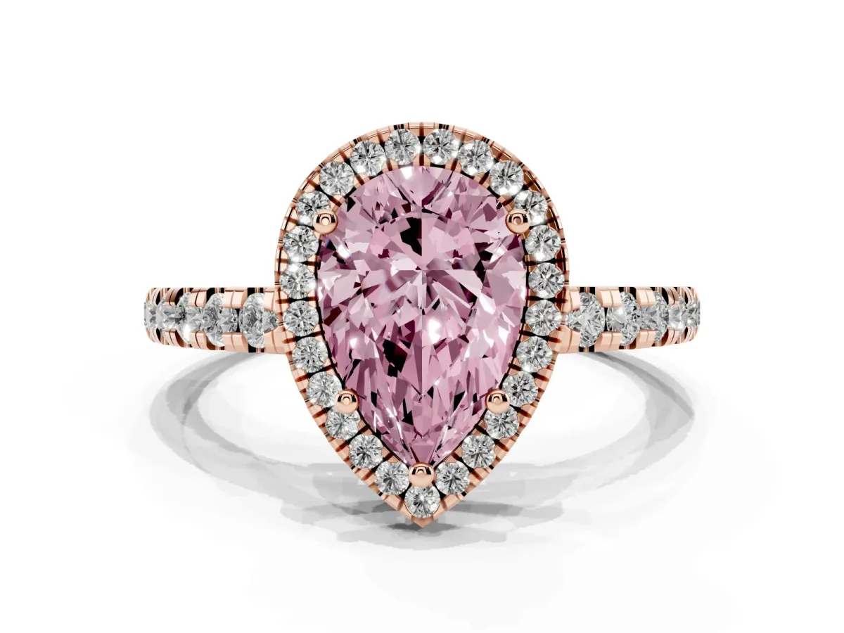 Fancy Pink Pear Cut Diamond Halo Ring with Pavé Band and Four-Prong Setting Rose gold