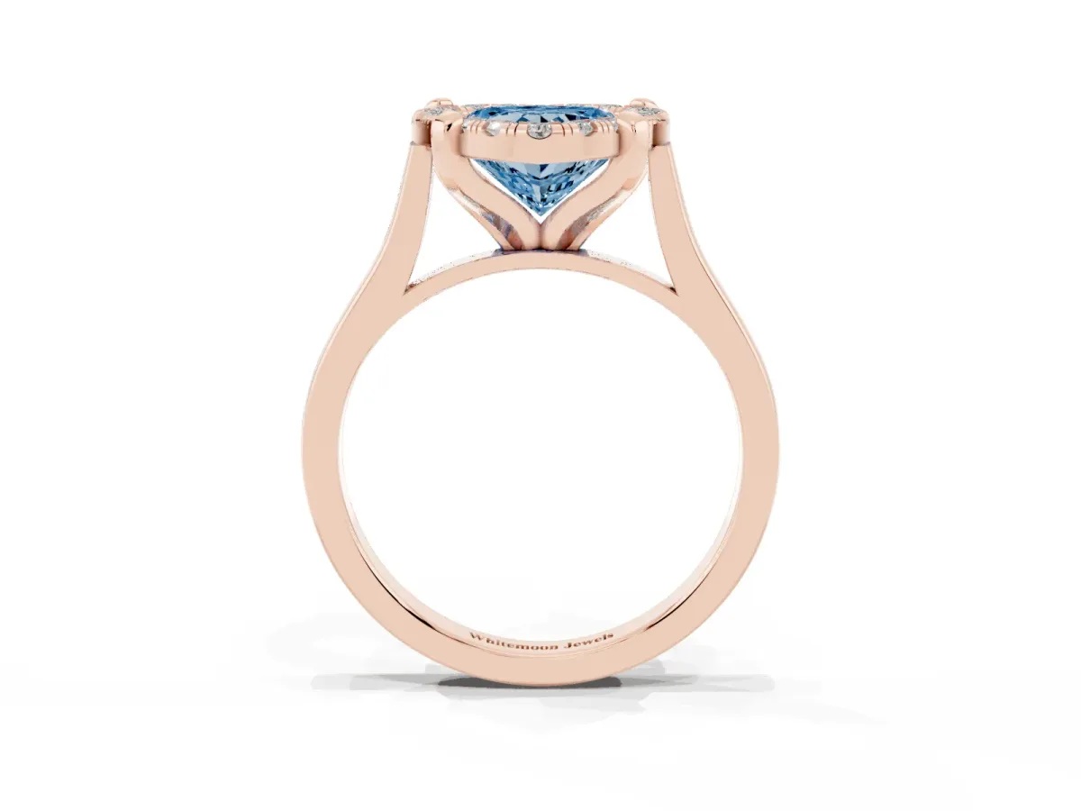 Fancy Blue Heart Cut Diamond Cluster Halo Solitaire with Four-Prong Setting Rose gold