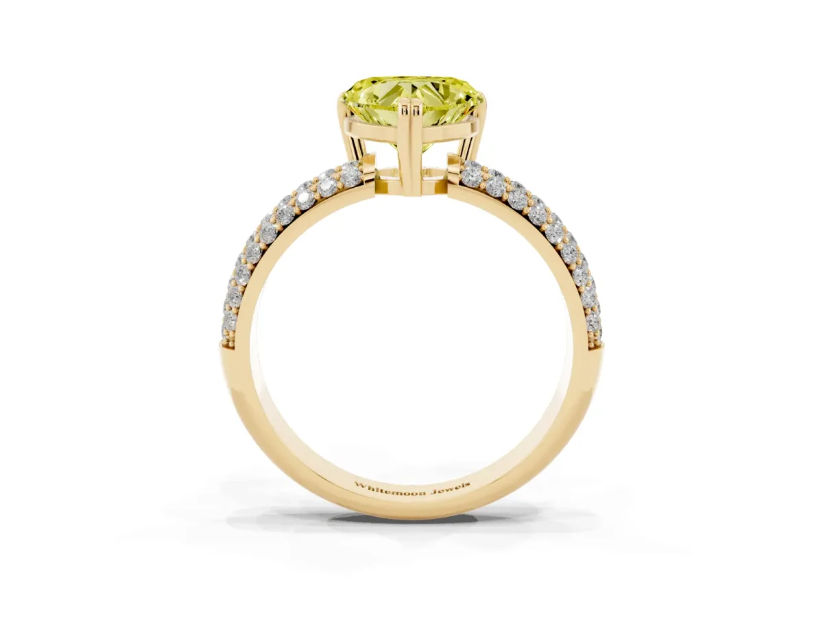 Fancy Yellow Heart Cut Diamond Solitaire Ring with Multi-Row Round Pavé Band and Prong Setting Yellow gold