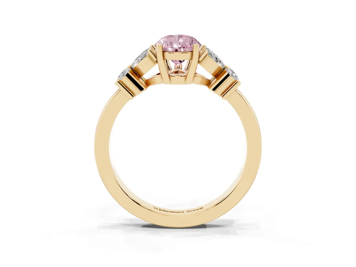 Fancy Pink Pear Cut Diamond Floral Cluster Ring with Solitaire Band and Prong Setting Yellow gold