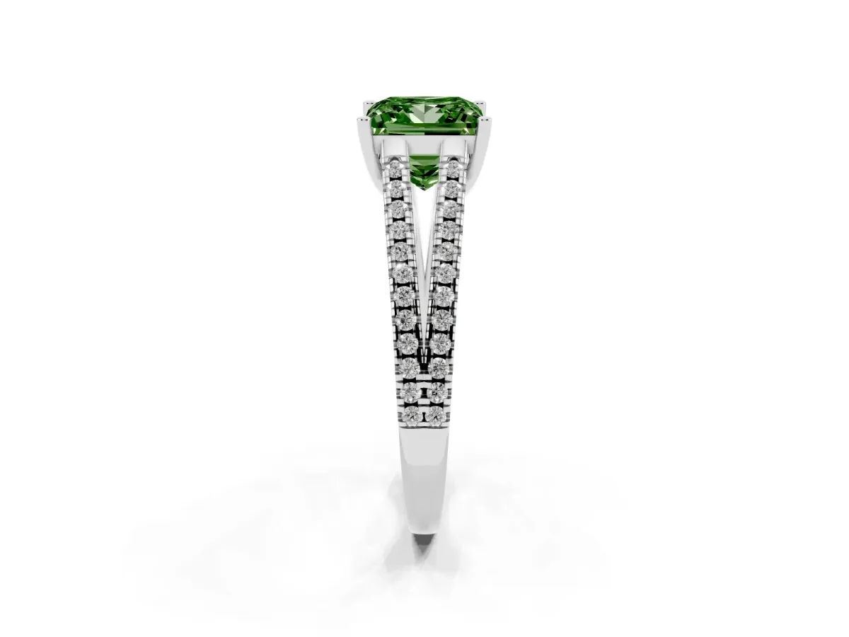 Fancy Green Princess Cut Diamond Solitaire Engagement Ring with Split Shank Pavé Band Silver