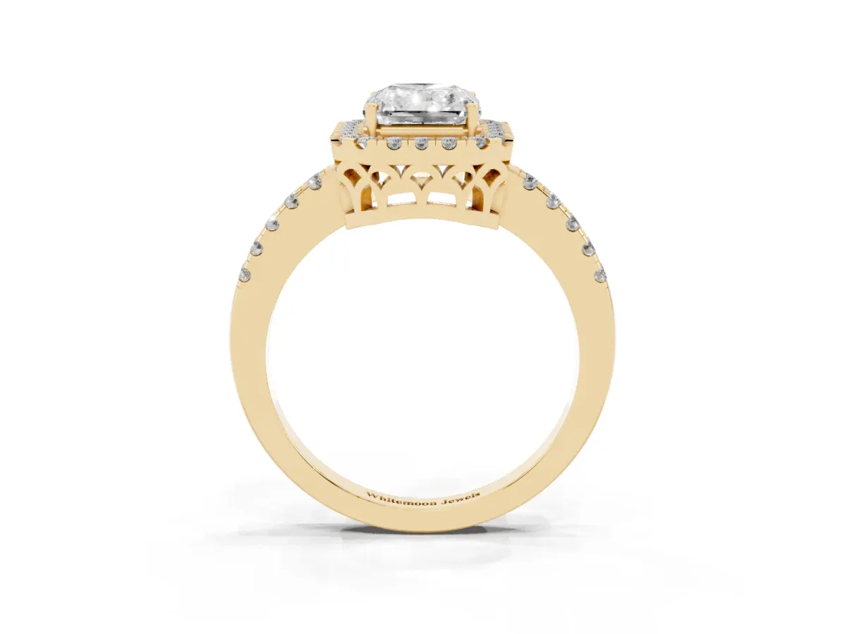 Radiant Cut Halo Diamond Engagement Ring with Pavé Band and Four-Prong Setting Yellow gold