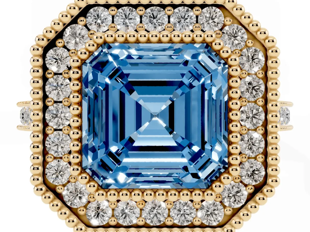 Fancy Blue Asscher Cut Diamond Halo Ring with Milgrain Frame and Pavé Band Yellow gold