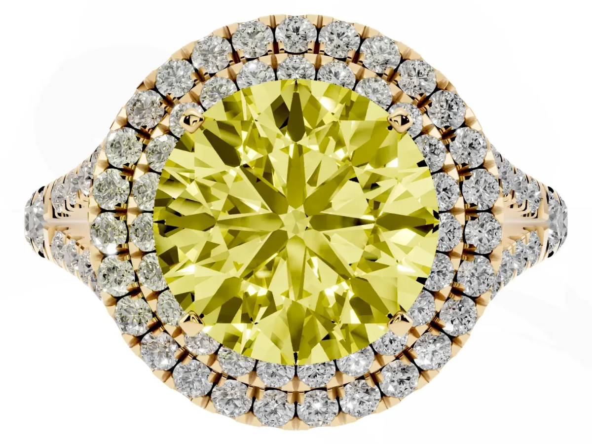 Fancy Yellow Round Cut Diamond Double Halo Ring with Split Shank and Prong Setting Yellow gold