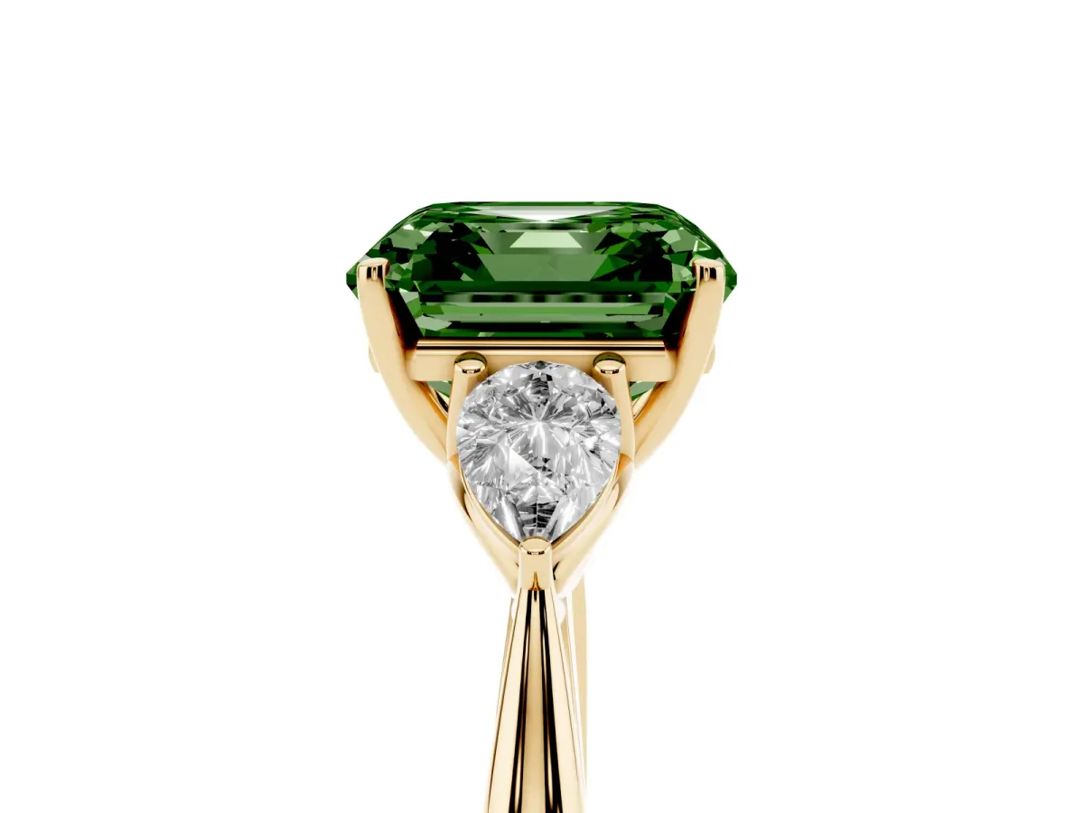 Fancy Green Asscher Cut Diamond Three-Stone Ring with Pear Side Stones and Prong Setting Yellow gold