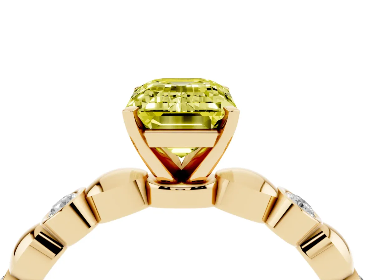 Fancy Yellow Emerald Cut Solitaire Bezel-Set Diamond Ring with Beaded Band and Four-Prong Setting Yellow gold