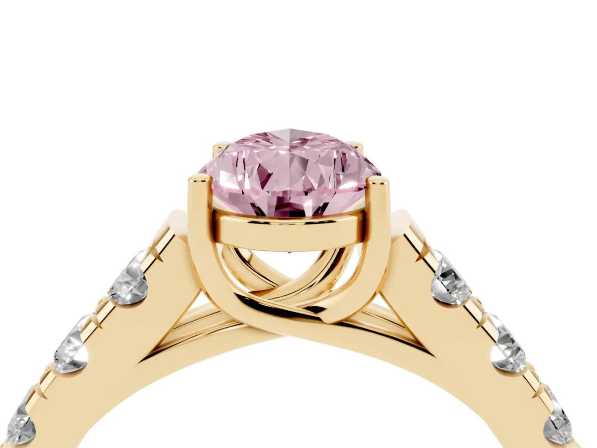 Fancy Pink Pear Cut Cut Diamond Solitaire Ring with Micro Pave Band and Prong Setting Yellow gold