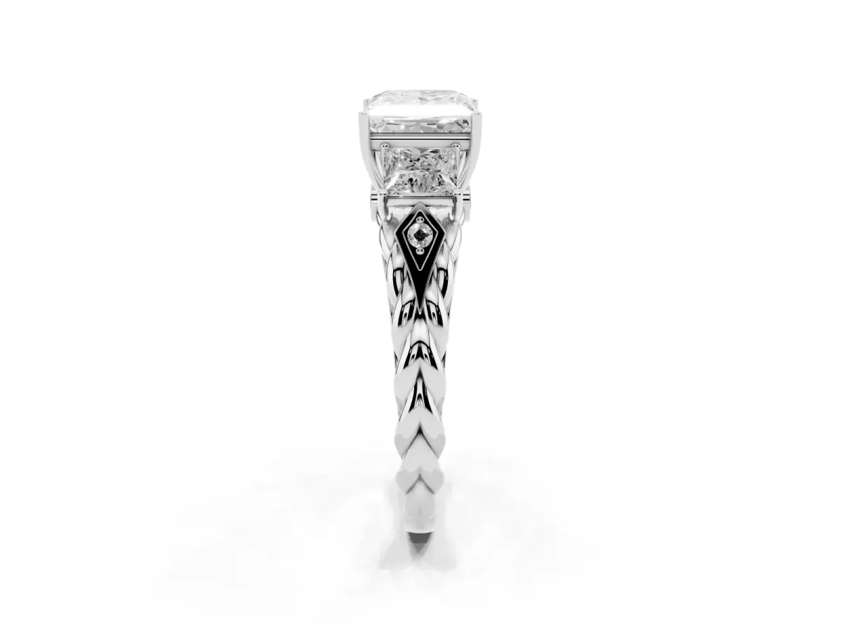 Three-Stone Princess Cut Diamond Braided Band Ring with Four-Prong Setting Platinum