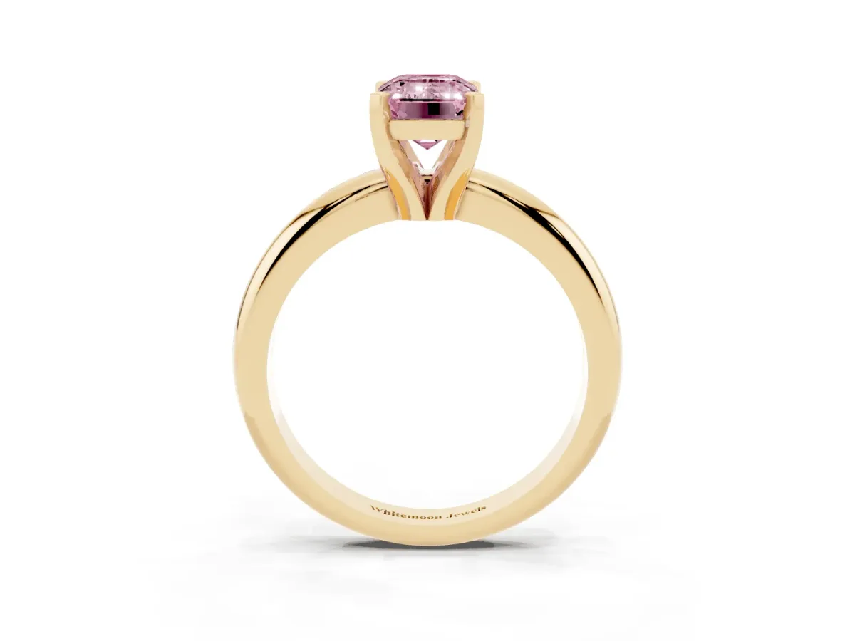 Fancy Pink Emerald Cut Diamond Solitaire Engagement Ring with Round Band and Four-Prong Setting Yellow gold