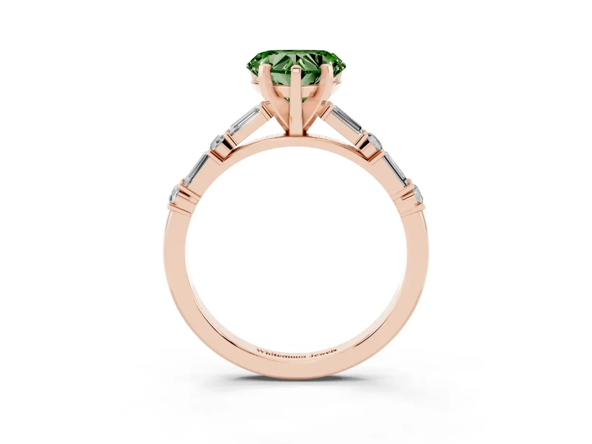 Fancy Green Heart Cut Diamond Solitaire with Side Baguettes and Channel Set Band Rose gold