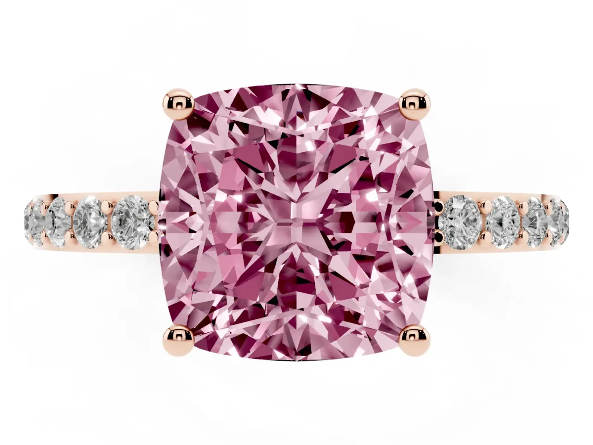Fancy Pink Cushion Cut Diamond Solitaire Ring with Round Pavé Shoulders and Prong Setting Rose gold
