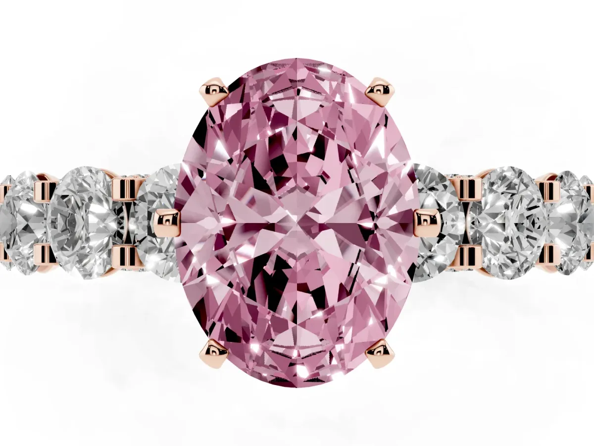 Fancy Pink Oval Cut Diamond Side Stone Engagement Ring with Four-Prong Setting Rose gold