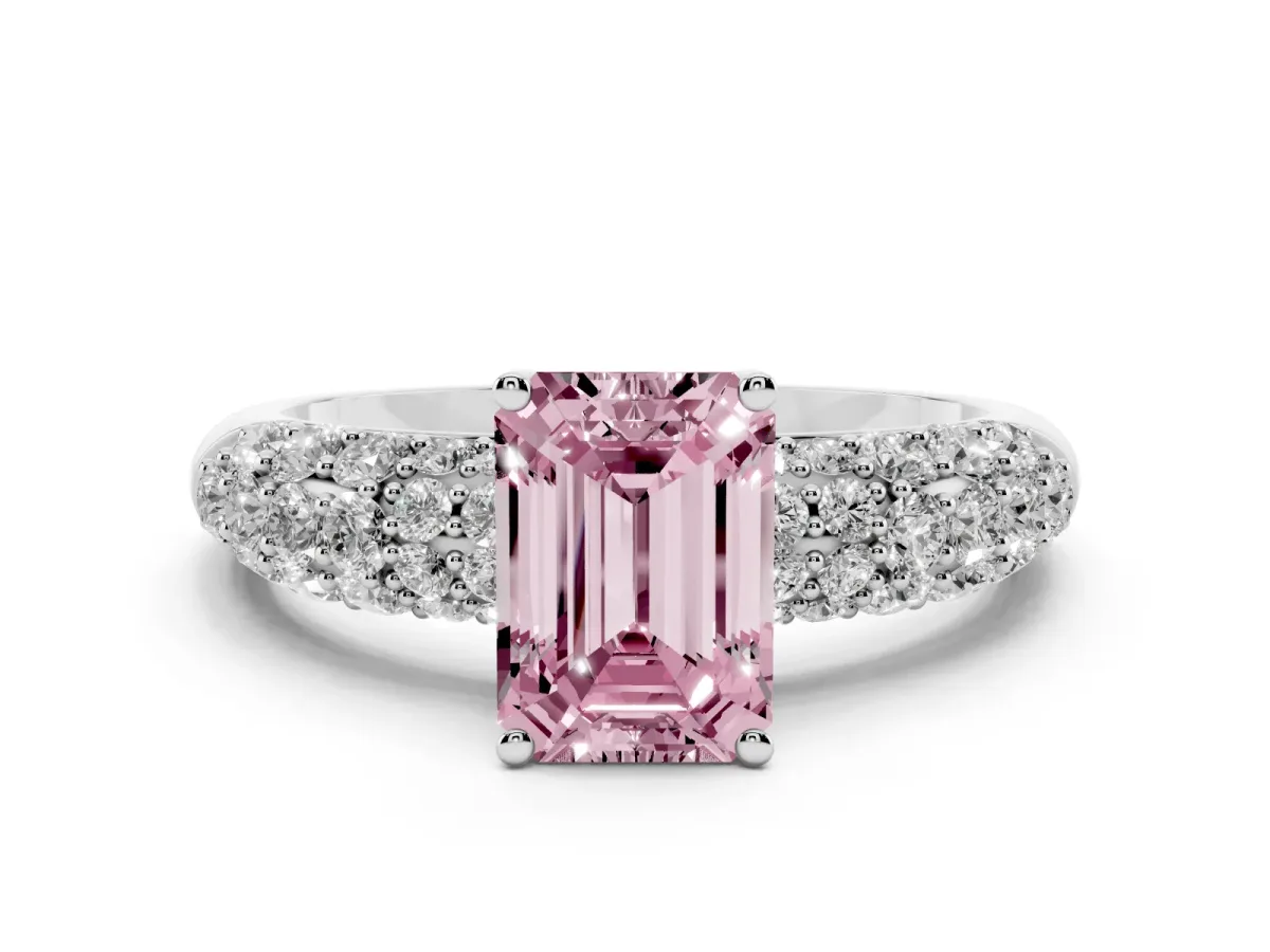 Fancy Pink Emerald Cut Diamond Pavé Band Solitaire Ring with Four-Prong Setting Platinum
