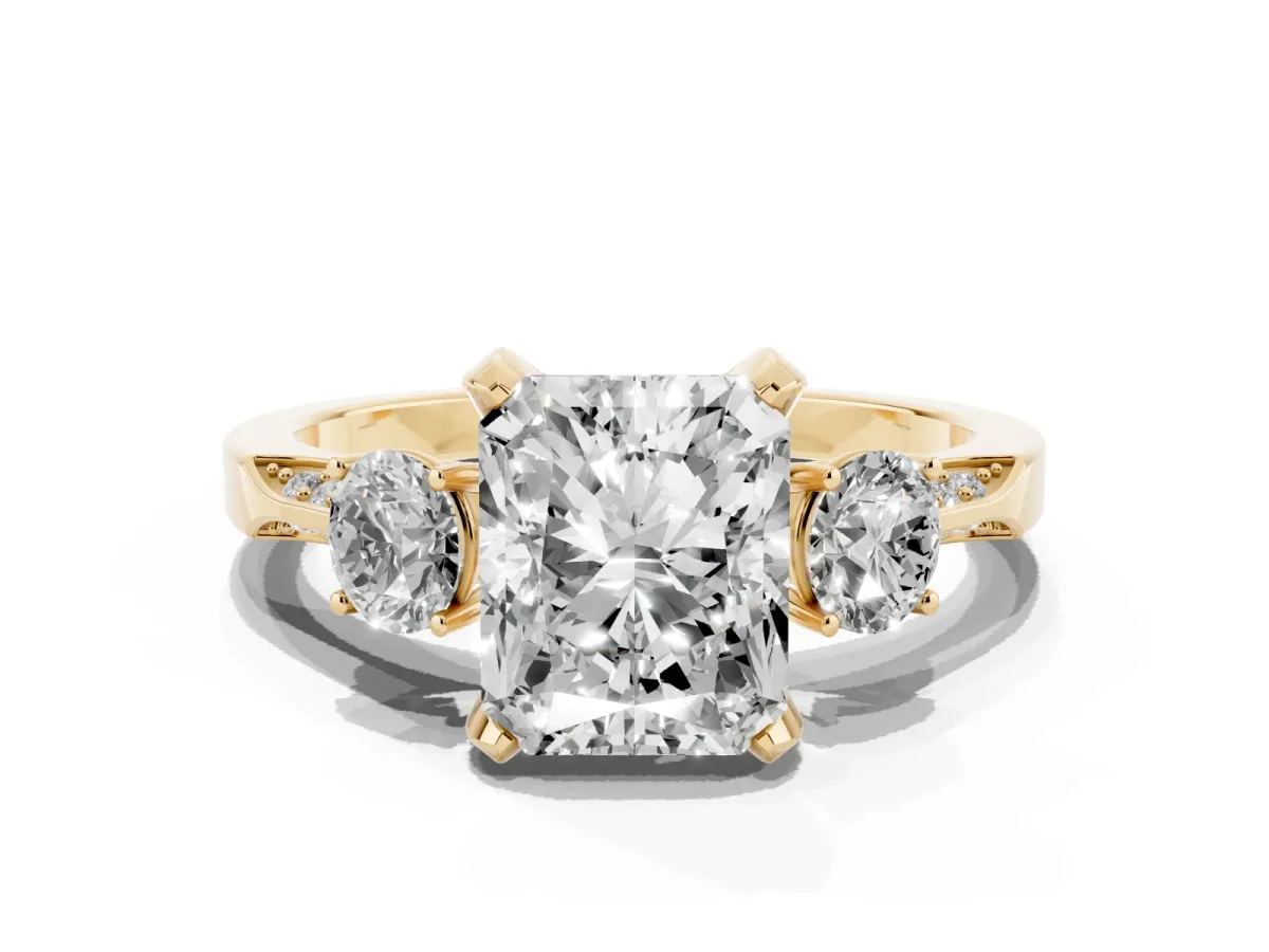 Radiant Cut Brilliant Three-Stone Diamond Ring with Pavé Band and Four-Prong Setting Yellow gold