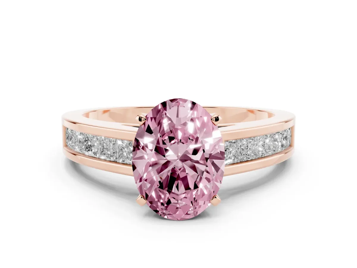 Fancy Pink Oval Cut Solitaire Diamond Ring with Channel-Set Band and Four-Prong Setting Rose gold