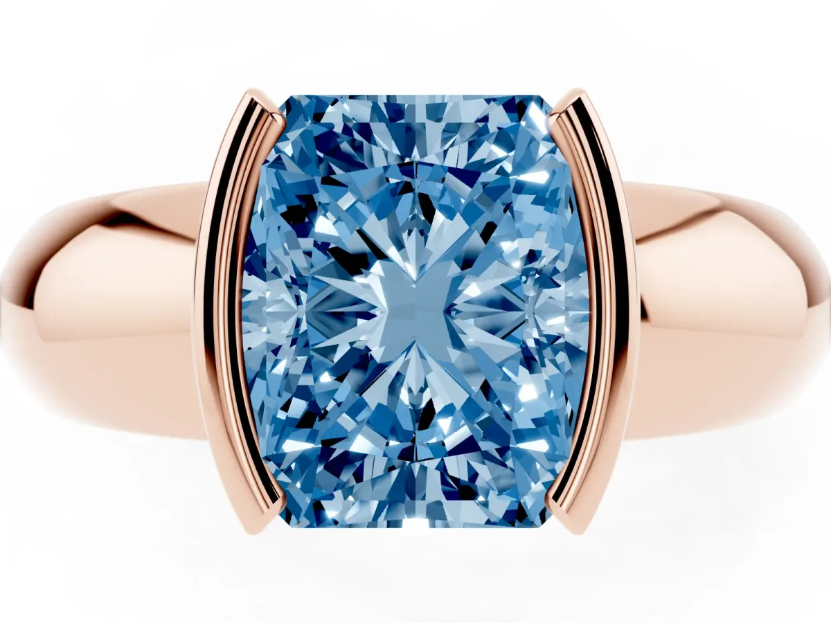 Fancy Blue Radiant Cut Solitaire Tension Set Diamond Ring with Wide Band Rose gold
