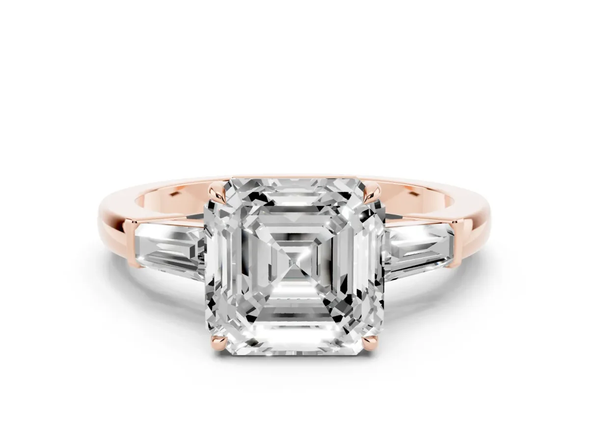 Asscher Cut Diamond Three-Stone Ring with Tapered Baguette Side Stones and Prong Setting Rose gold