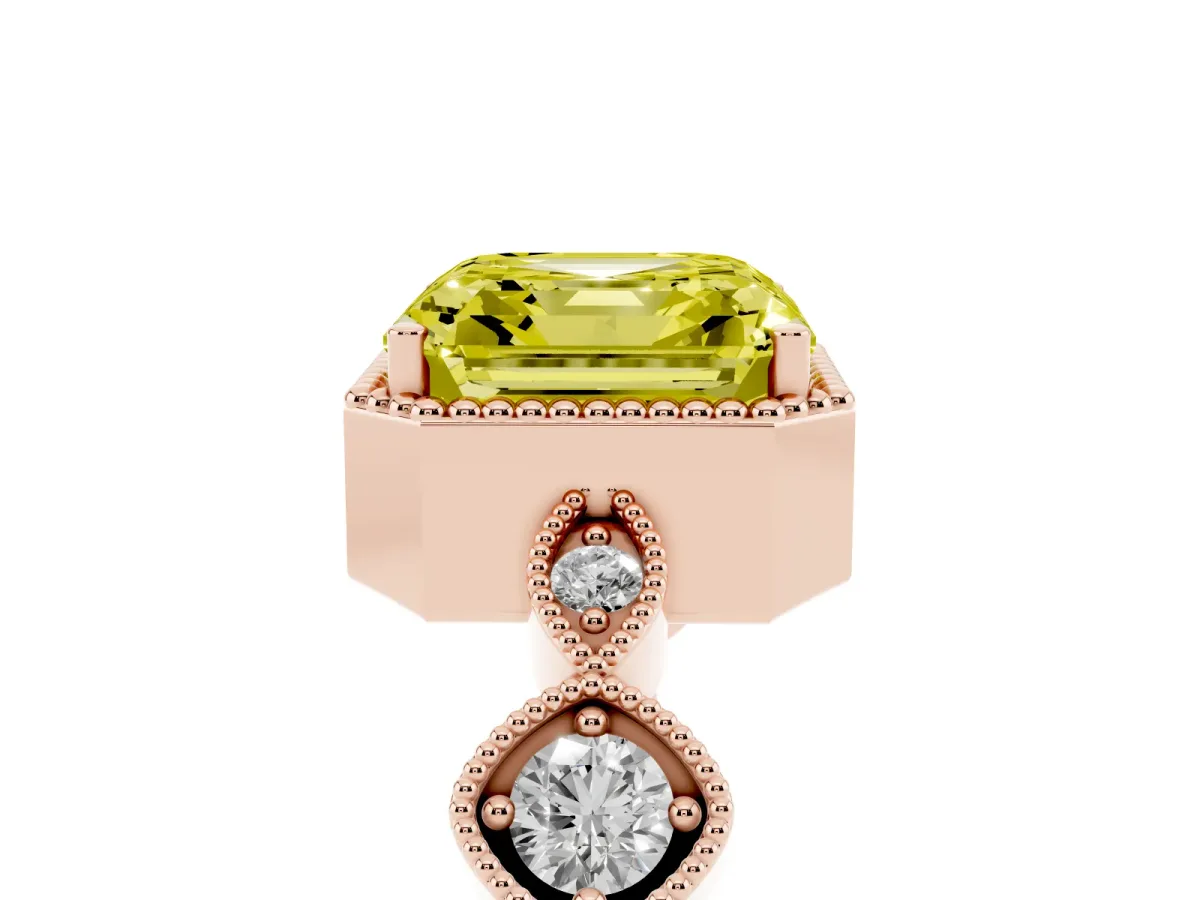 Fancy Yellow Asscher Cut Diamond Vintage Milgrain Ring with Round Stations Rose gold
