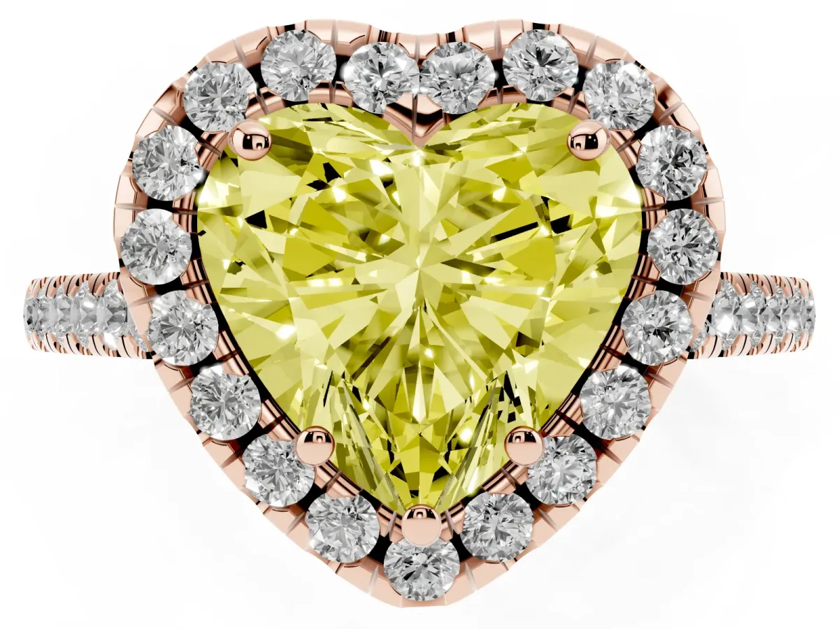 Fancy Yellow Heart Cut Halo Pavé Diamond Engagement Ring with Four-Prong Setting Rose gold