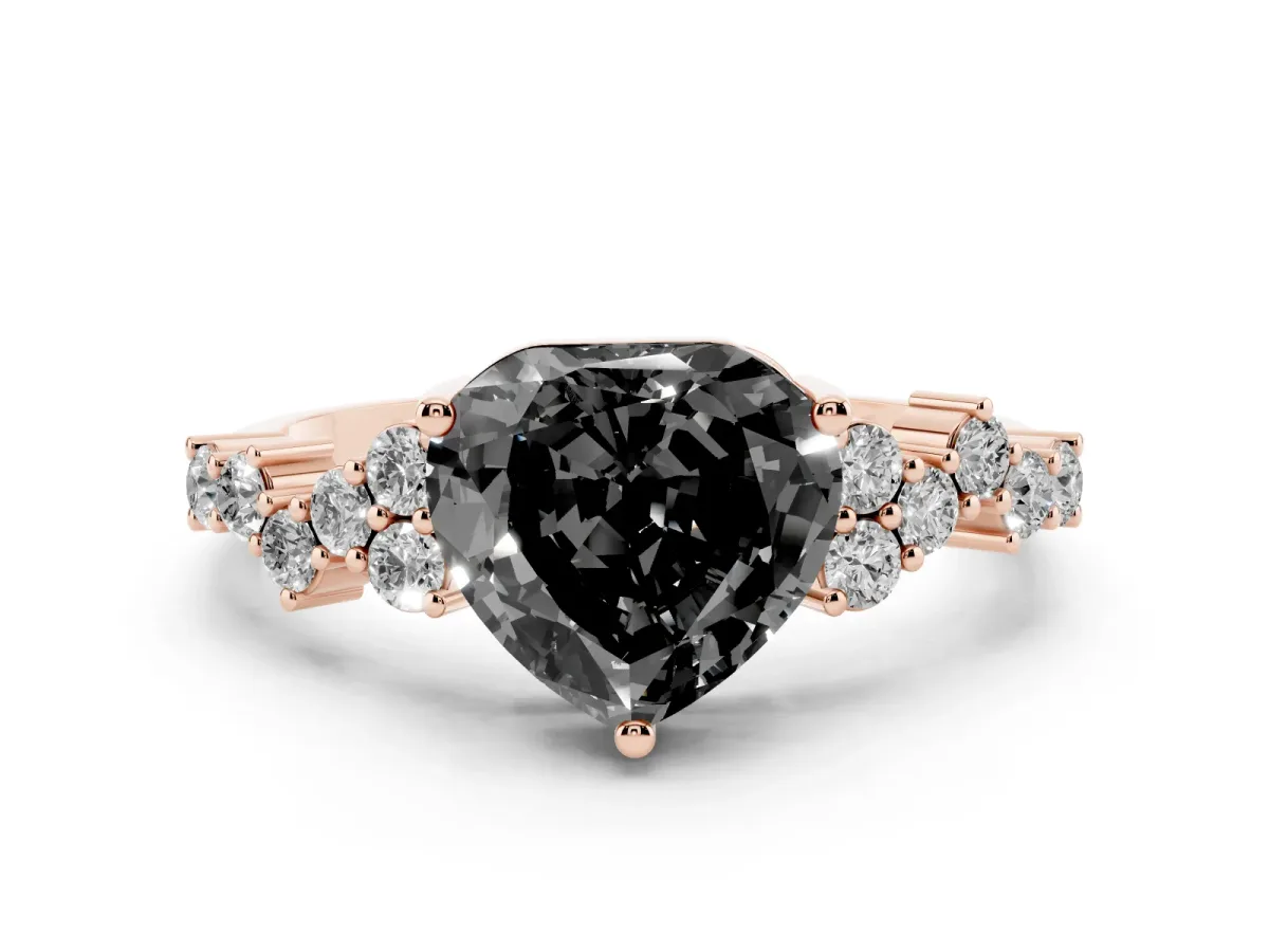 Fancy Black Heart Cut Diamond Scattered Round Accent Ring with Prong Setting Rose gold