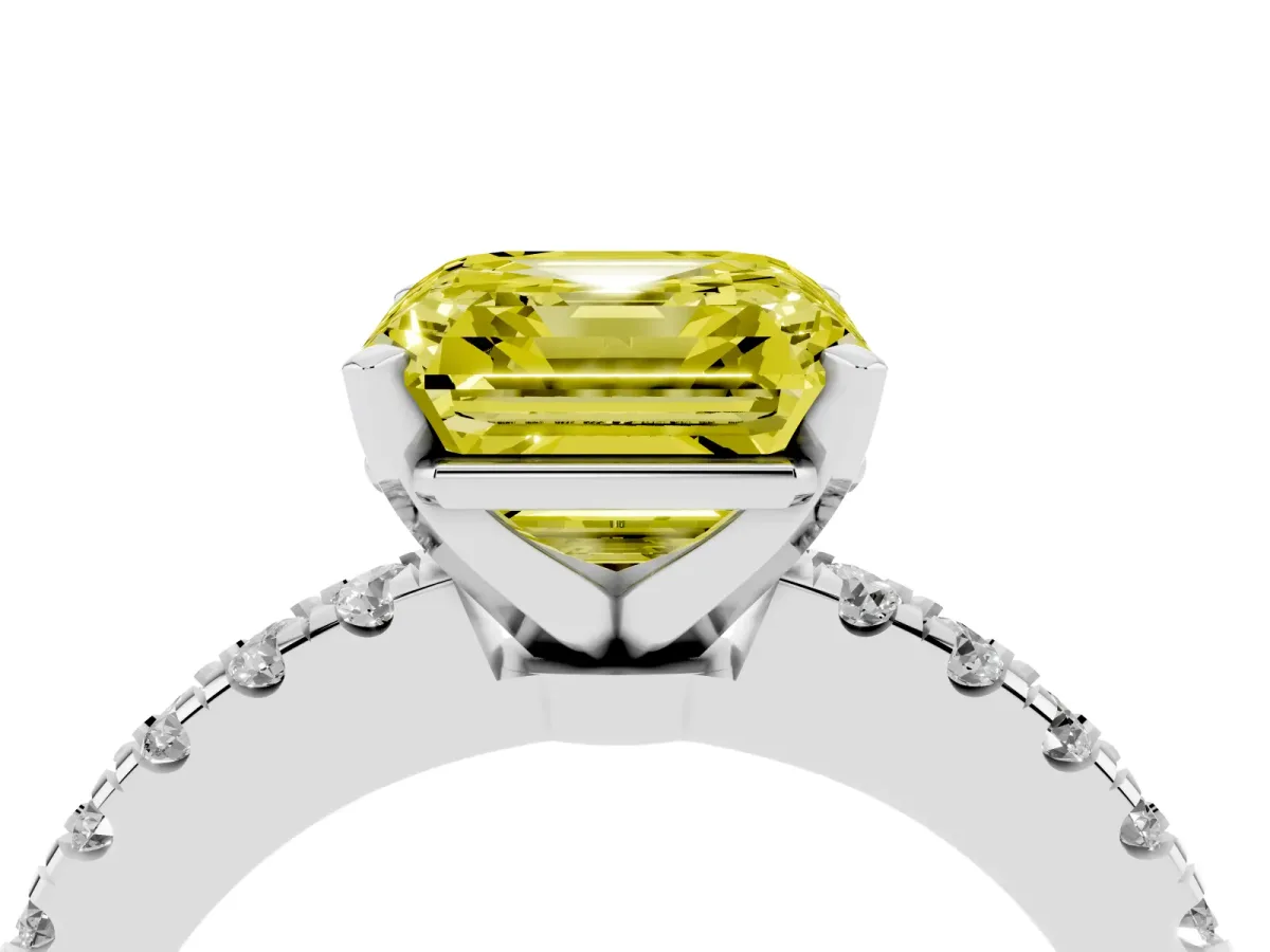 Fancy Yellow Asscher Cut Solitaire Diamond with Pavé Band and Four-Prong Setting Platinum