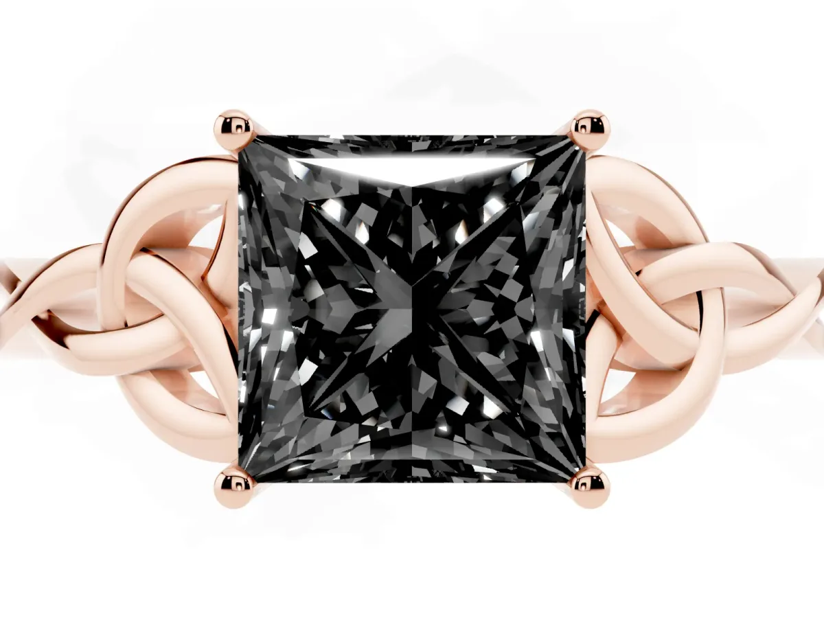 Fancy Black Princess Cut Diamond Solitaire Engagement Ring with Celtic Knot Band and Four-Prong Setting Rose gold