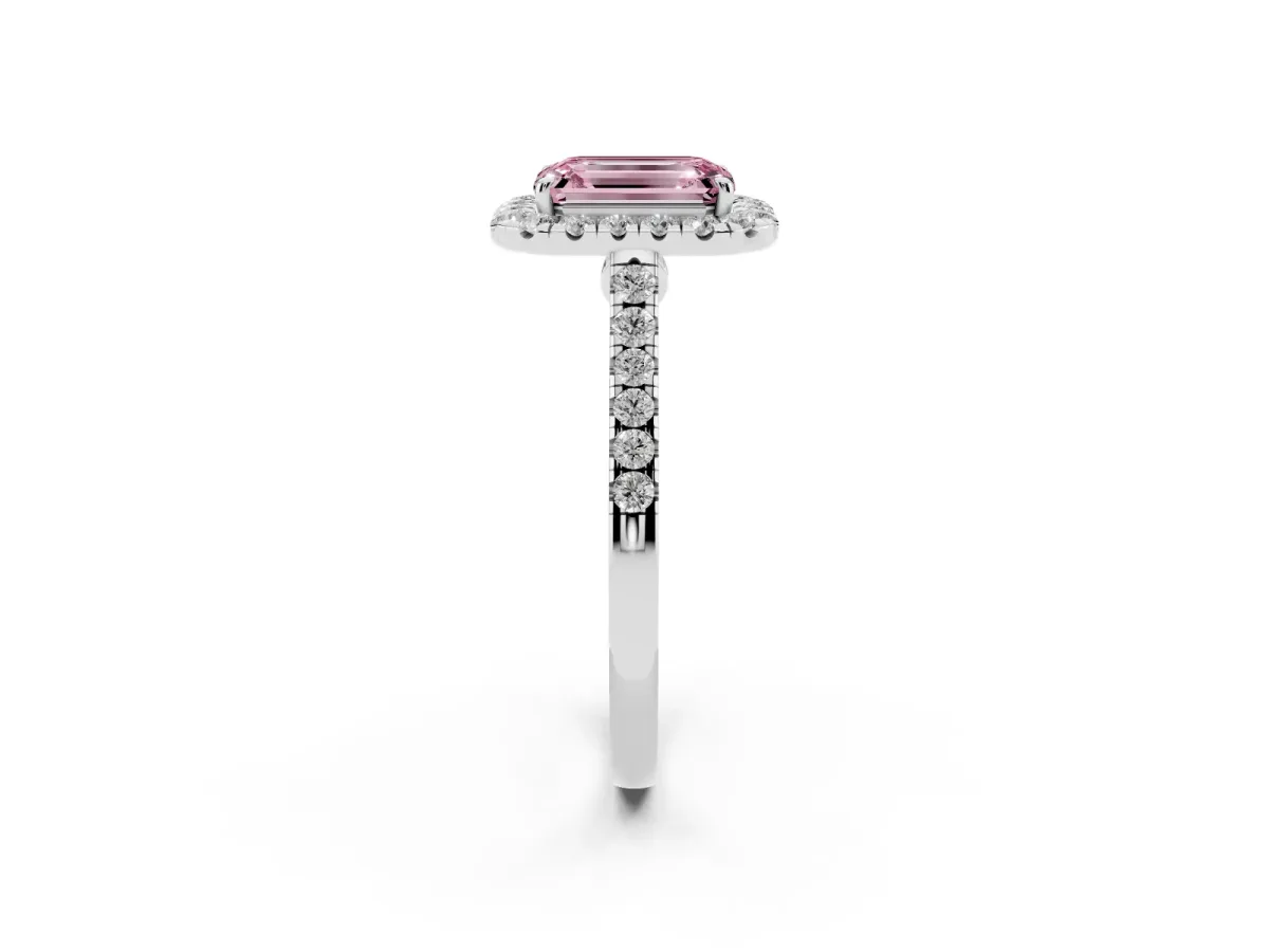 Fancy Pink Emerald Cut Halo Pave Diamond Engagement Ring with Four-Prong Setting Silver