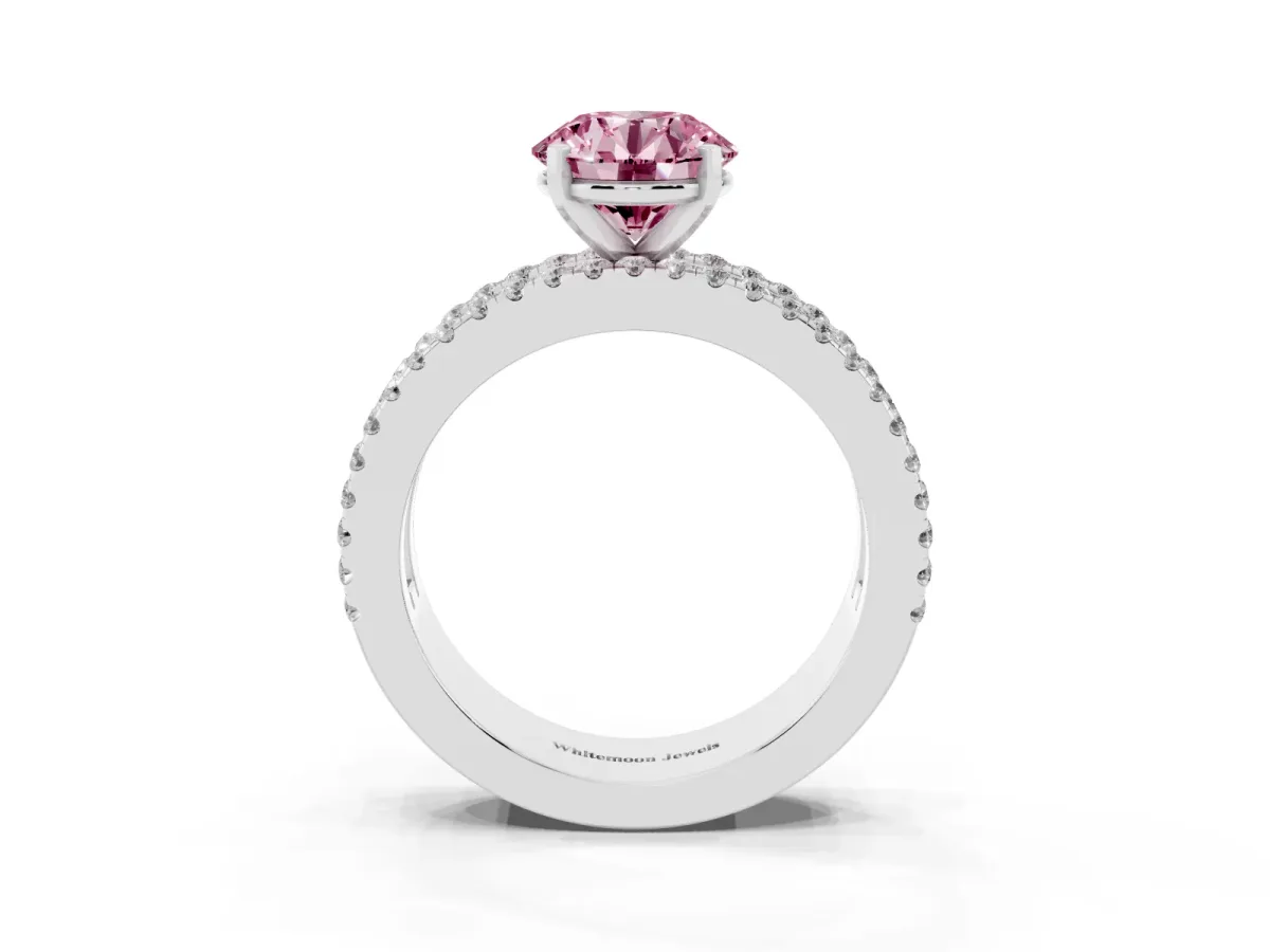 Fancy Pink Round Cut Diamond Solitaire Ring with Pavé and Channel Set Band Silver