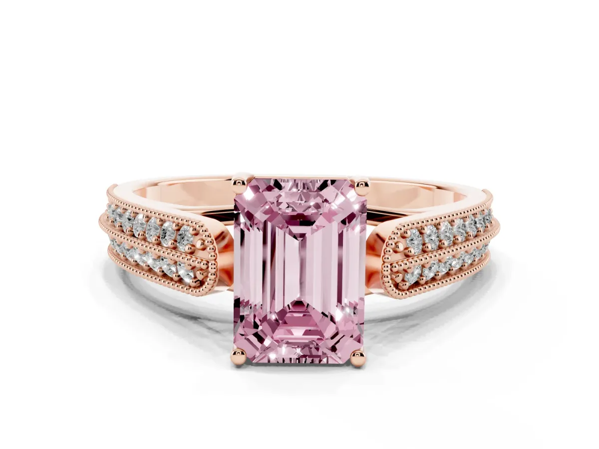 Fancy Pink Emerald Cut Cut Pave Split Shank Engagement Ring with Four-Prong Setting Rose gold