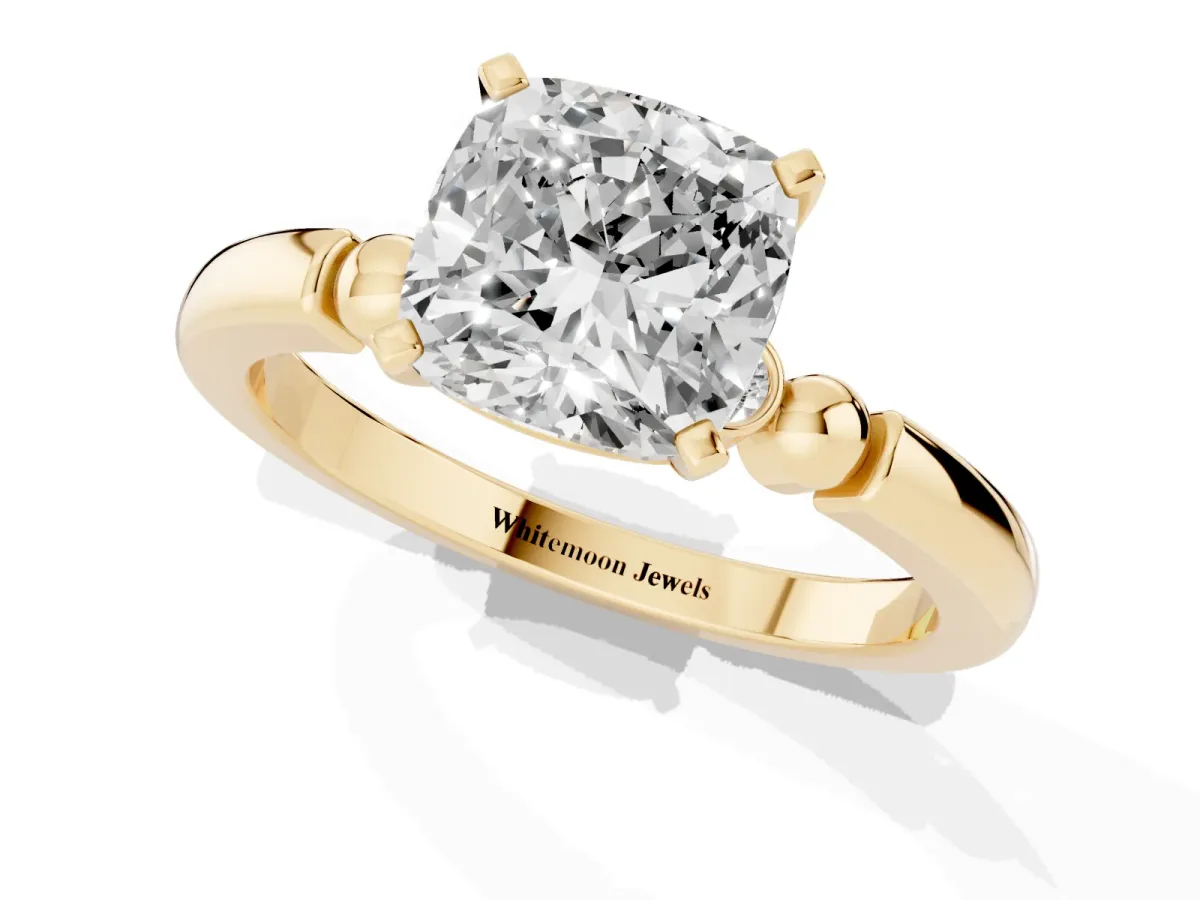 Cushion Cut Solitaire Beaded Band with Four-Prong Setting Yellow gold
