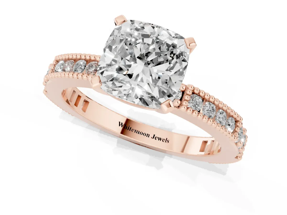 Cushion Cut Solitaire with Pavé Band and Four-Prong Setting Rose gold