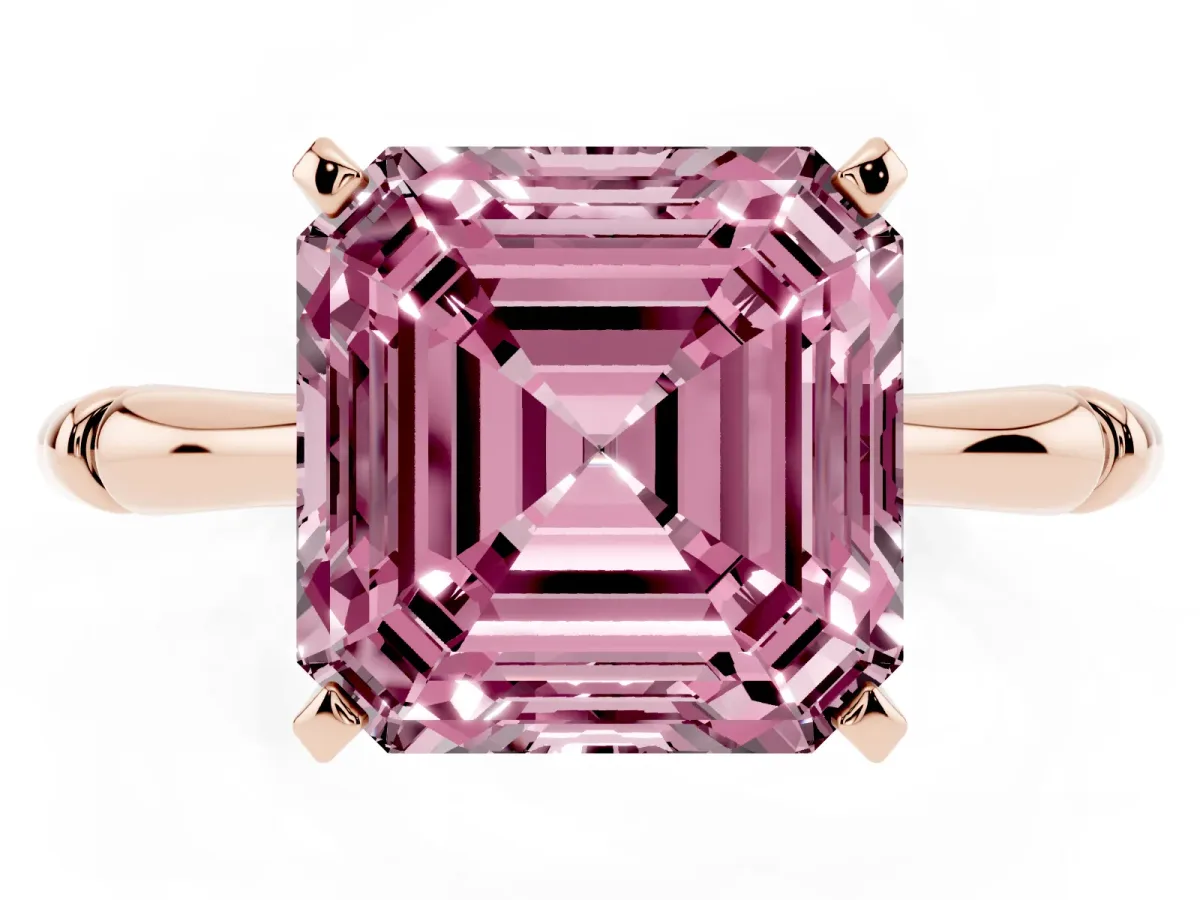 Fancy Pink Asscher Cut Solitaire Diamond Ring with Bamboo Band and Four-Prong Setting Rose gold