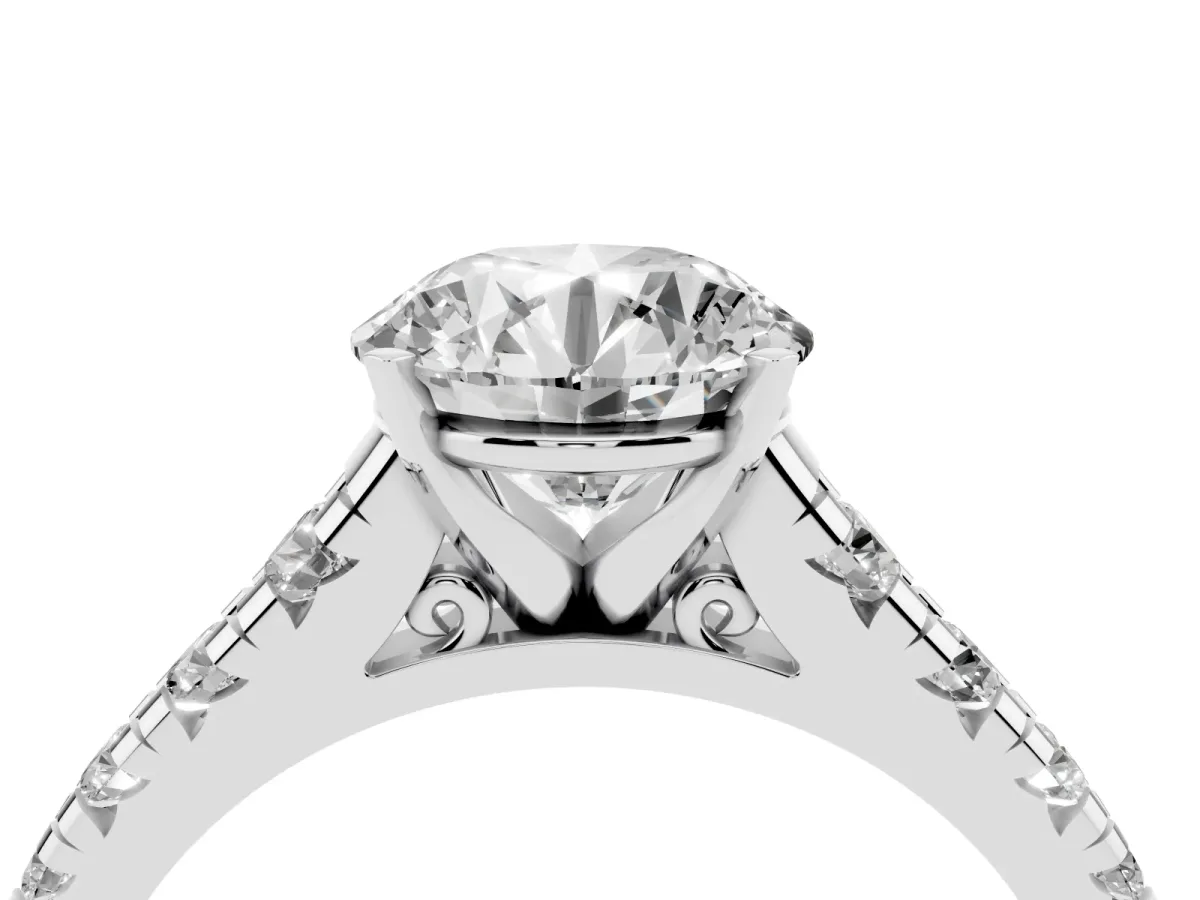 Round Cut Diamond Cathedral Solitaire Ring with Round Pavé Band Silver