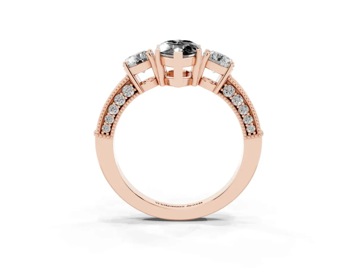 Fancy Black Marquise Cut Three-Stone Diamond Ring with Pavé Band and Four-Prong Setting Rose gold