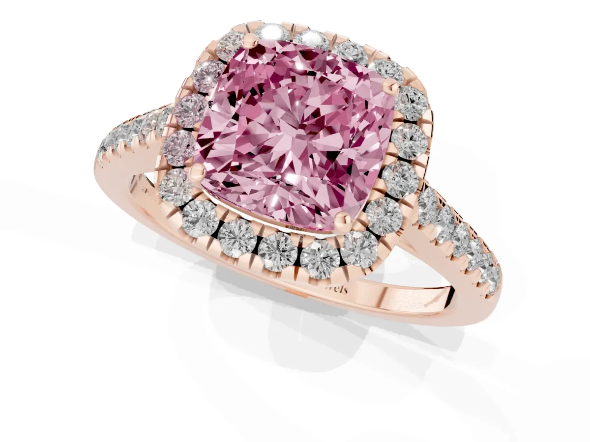 Fancy Pink Cushion Cut Halo Pave Diamond Engagement Ring with Four-Prong Setting Rose gold
