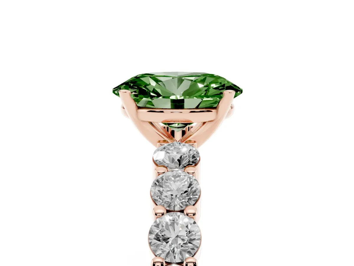 Fancy Green Oval Cut Diamond Solitaire Ring with Shared Prong Round Side Stones Rose gold