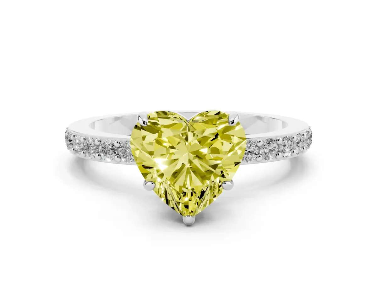 Fancy Yellow Heart Cut Diamond Pavé Engagement Ring with Round Accents and Prong Setting Silver