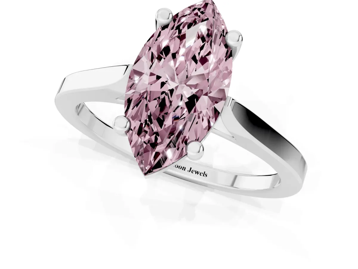 Fancy Pink Marquise Cut Solitaire Diamond Ring with Four-Prong Setting and Tapered Band Silver